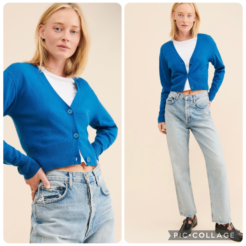 Medium Anthropologie nouveaux boxy cardigan button cashmere sweater blue